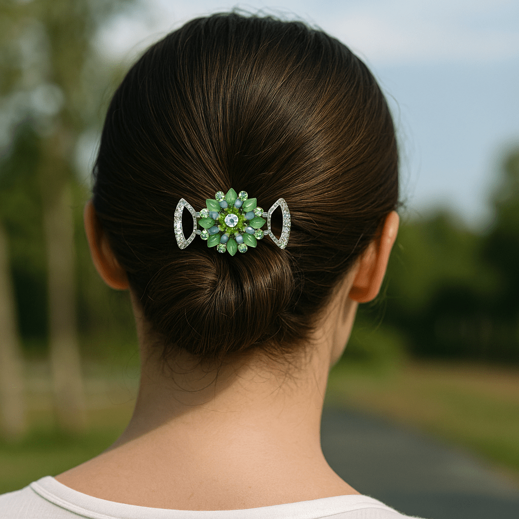 Haerime Floréa Blossom Claw in Green worn by model – styled in romantic updo or garden-ready bun with layered 3D crystals