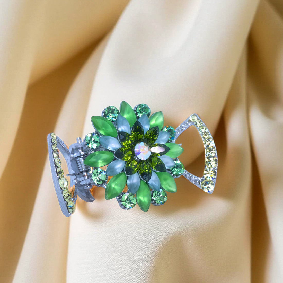 Green version of Haerime Floréa Blossom Claw – sculpted floral jaw clip with crystal-framed wings