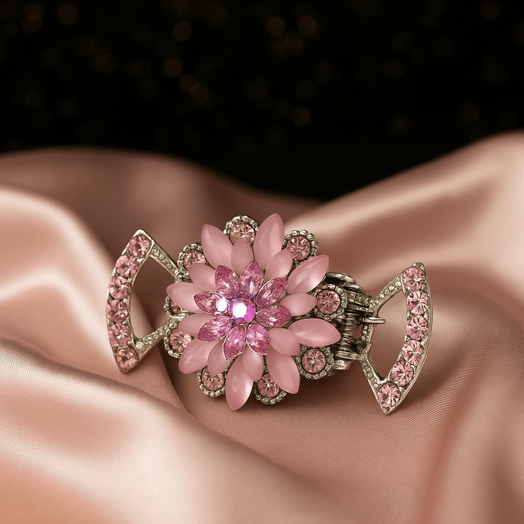 Haerime Floréa Blossom Claw in Pink close-up – faceted marquise-cut crystals, layered bloom structure, and open-arch claw frame