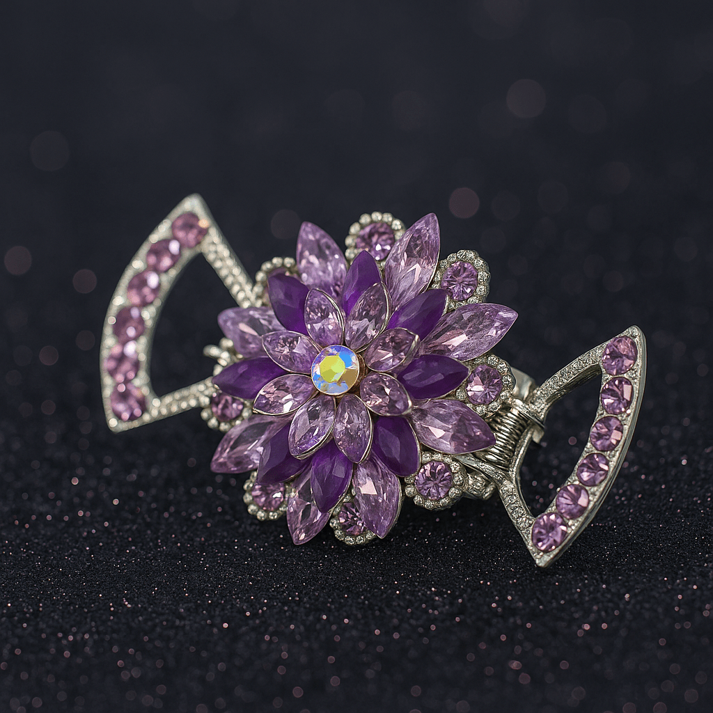 Purple version of Haerime Floréa Blossom Claw – sculpted floral jaw clip with crystal-framed wings
