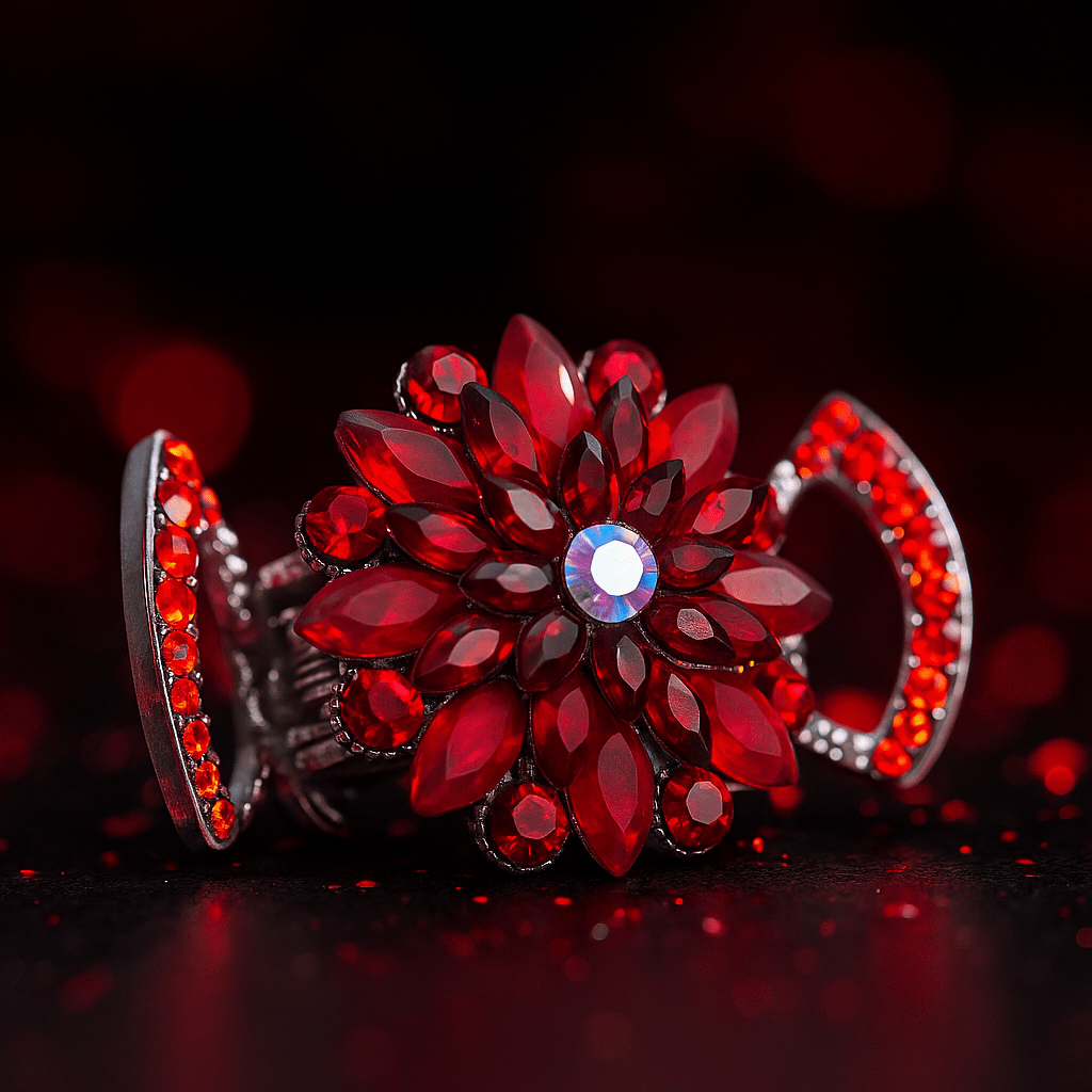 Haerime Floréa Blossom Claw in Red close-up – faceted marquise-cut crystals, layered bloom structure, and open-arch claw frame