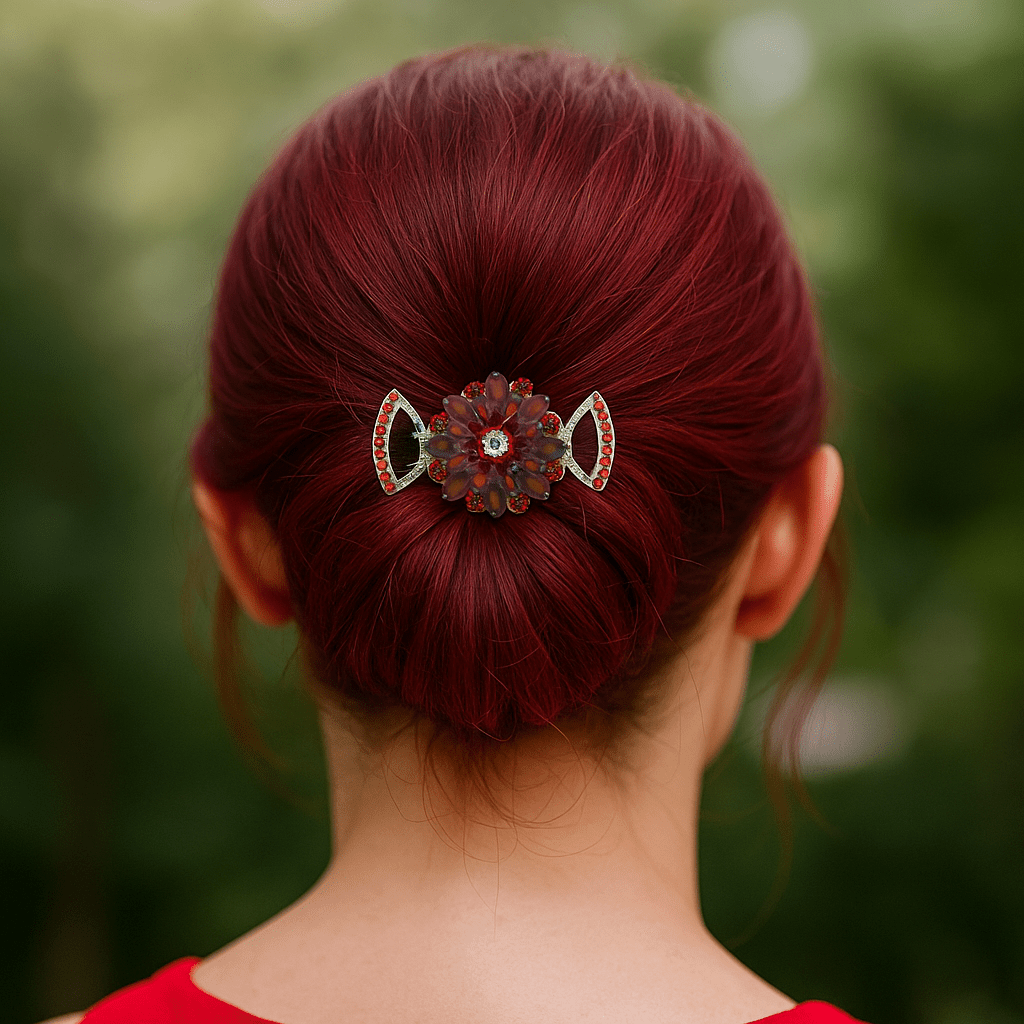 Haerime Floréa Blossom Claw in Red worn by model – styled for wedding glam or polished garden events