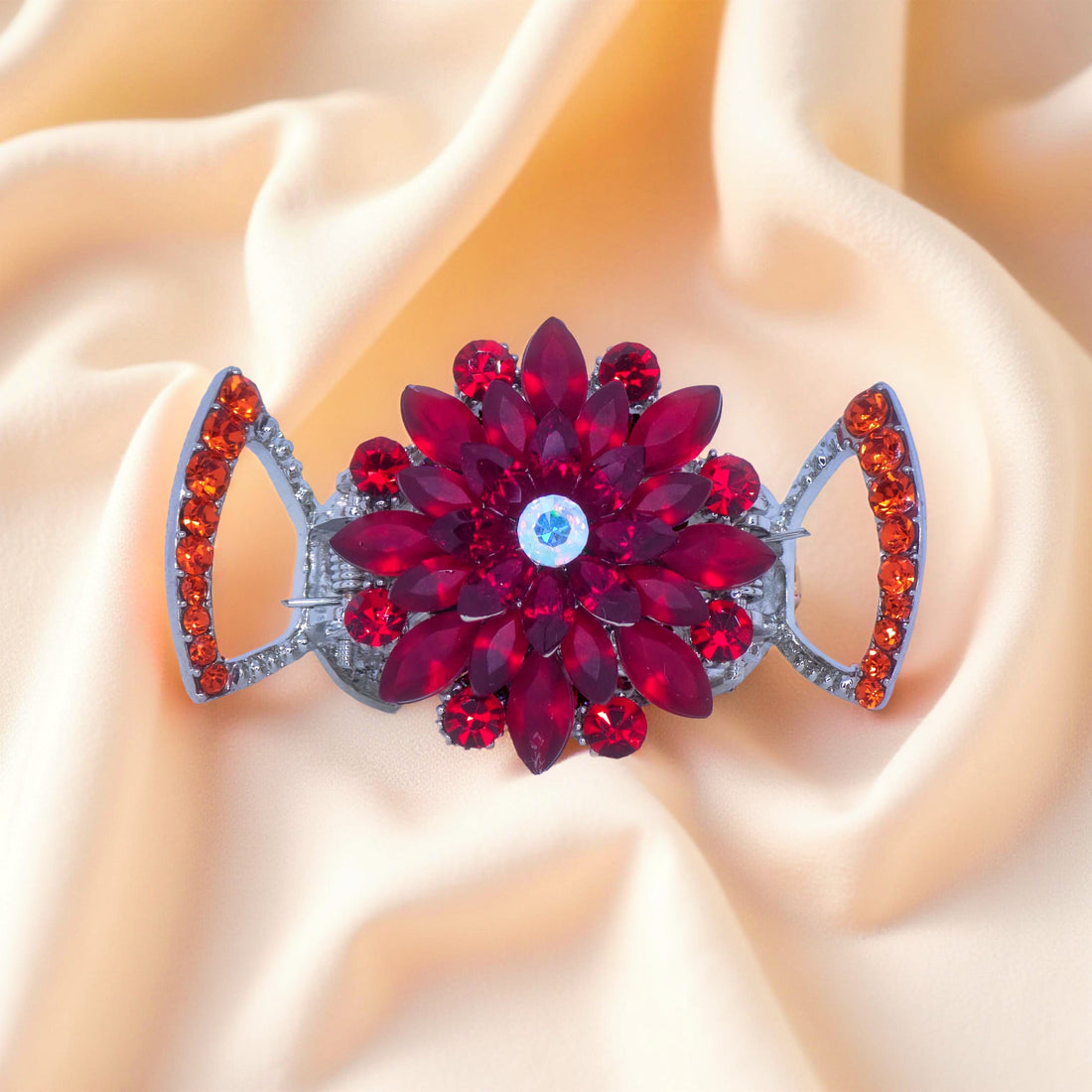 Red version of Haerime Floréa Blossom Claw – sculpted floral jaw clip with crystal-framed wings