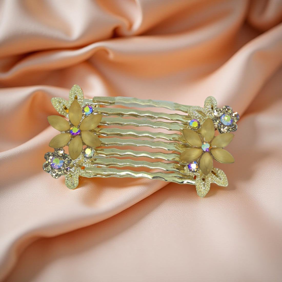 Amber version of Haerime Florelle Petite Combs – mirrored crystal flower mini comb pair
