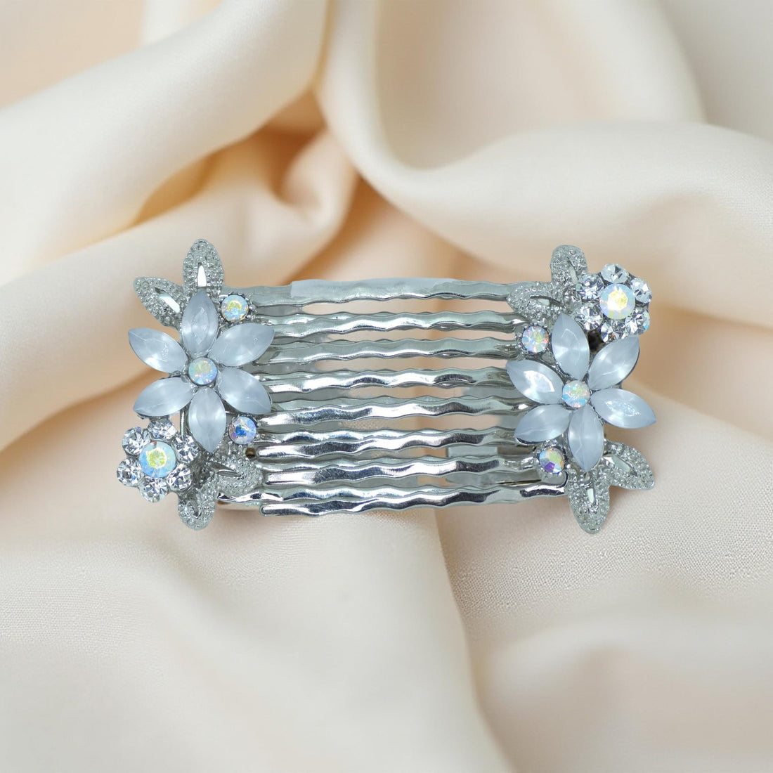 Clear version of Haerime Florelle Petite Combs – mirrored floral crystal mini comb set in bridal sparkle
