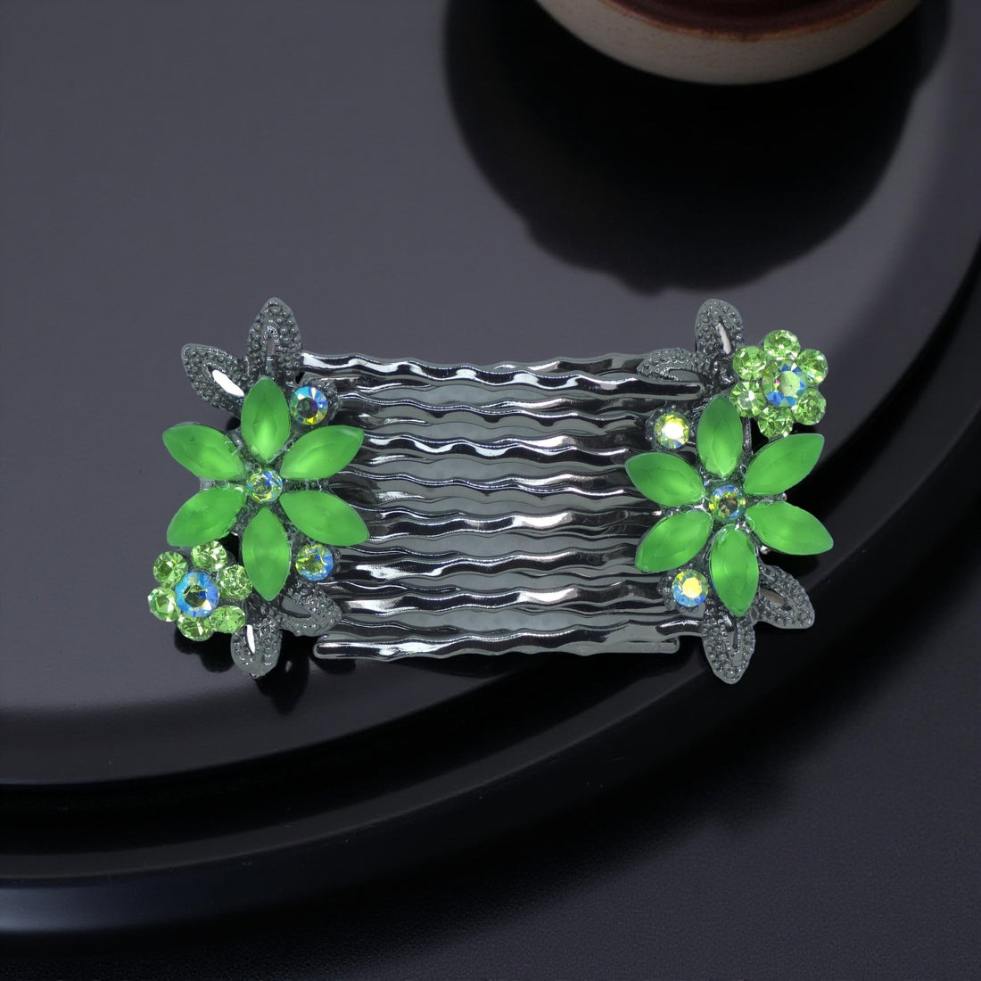 Green version of Haerime Florelle Petite Combs – crystal petal comb duo for romantic styling