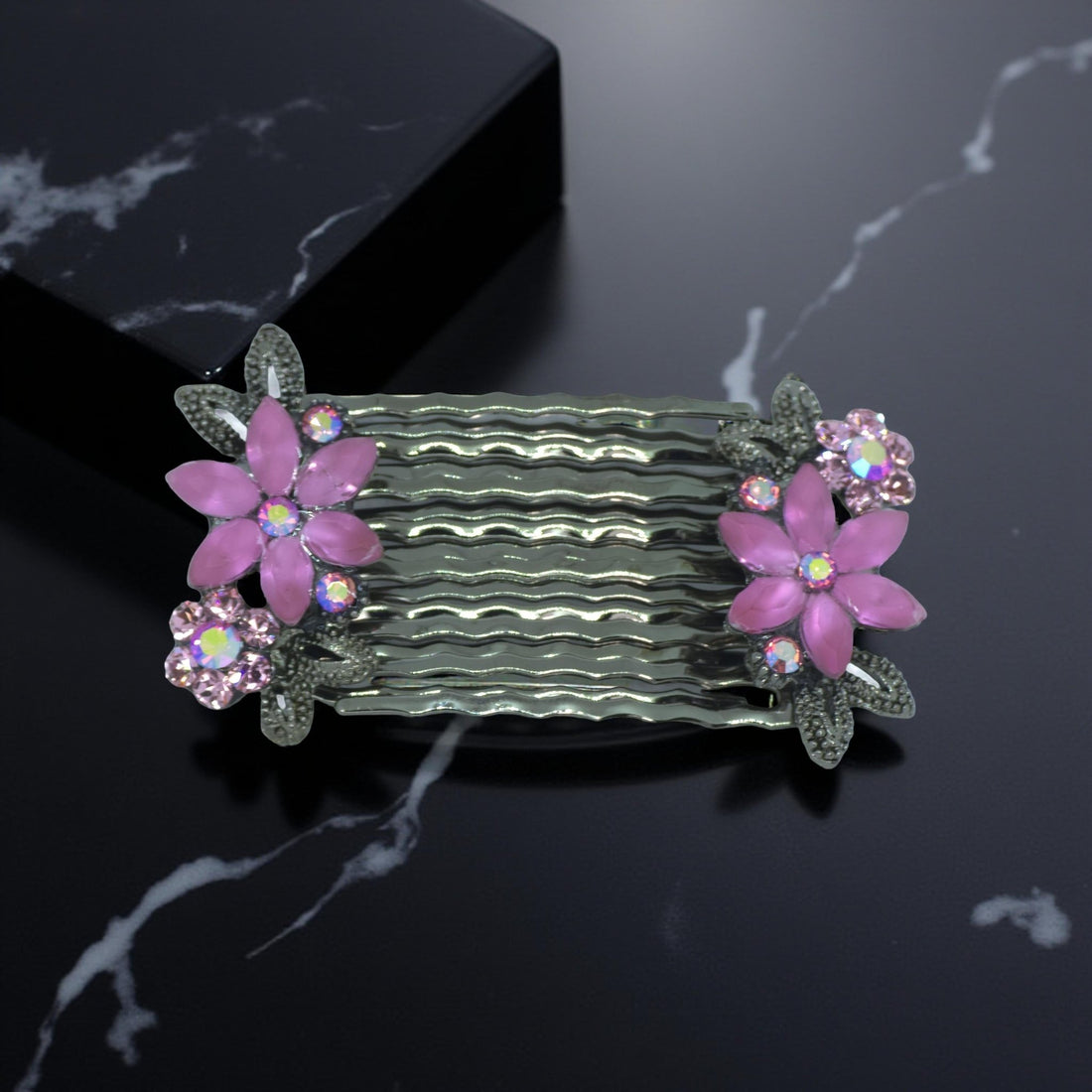Pink version of Haerime Florelle Petite Combs – blush crystal floral pair combs with feminine silhouette