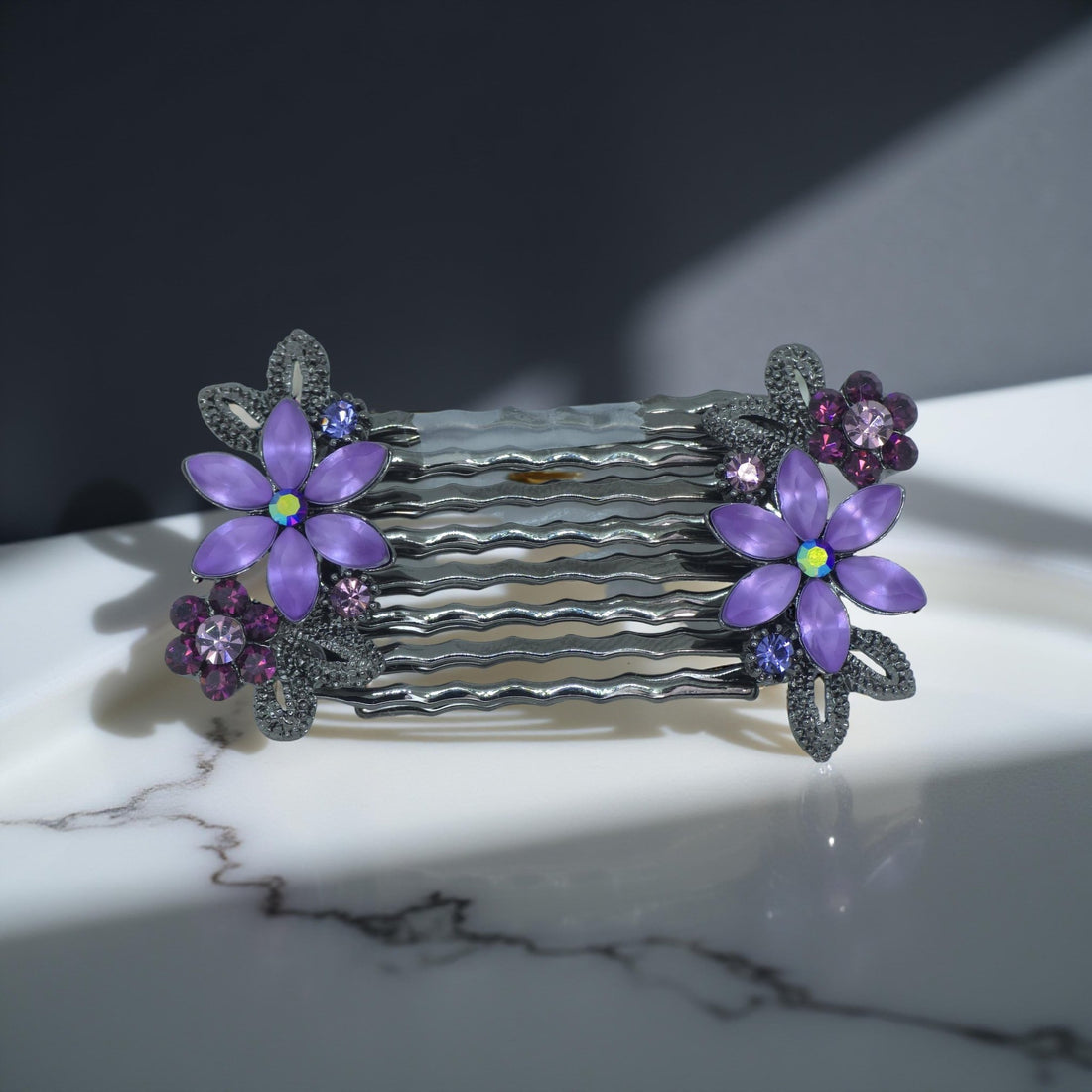 Haerime Florelle Petite Pair Combs in Purple close-up – both combs angled with rhinestone bloom clusters and curved teeth
