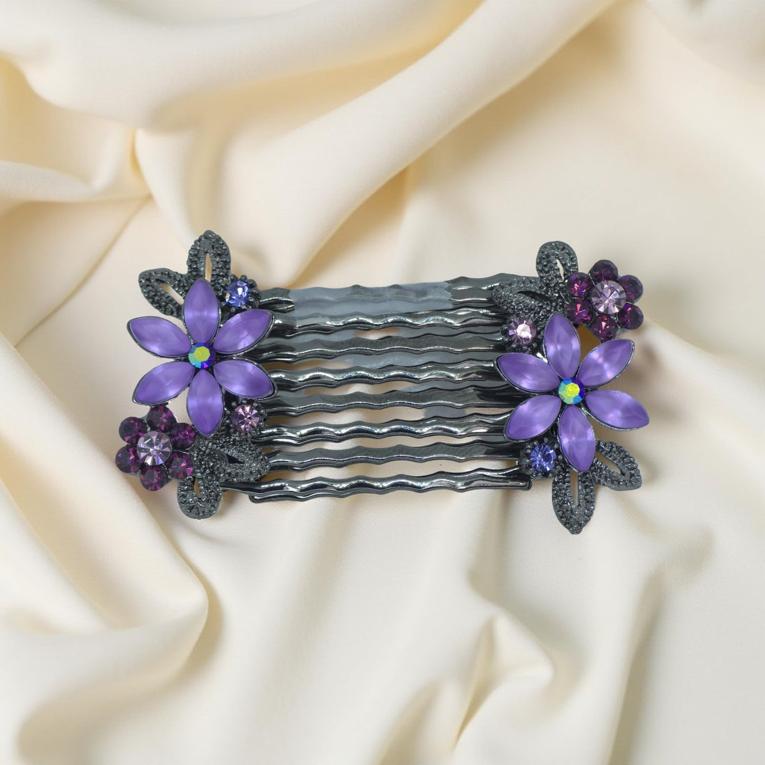 Purple version of Haerime Florelle Petite Combs – mini crystal flower pair in lavender tones