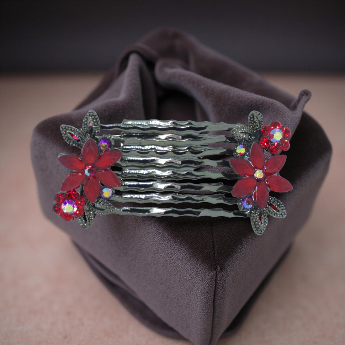 Red version of Haerime Florelle Petite Combs – crystal flower mini comb pair with bold romantic hue