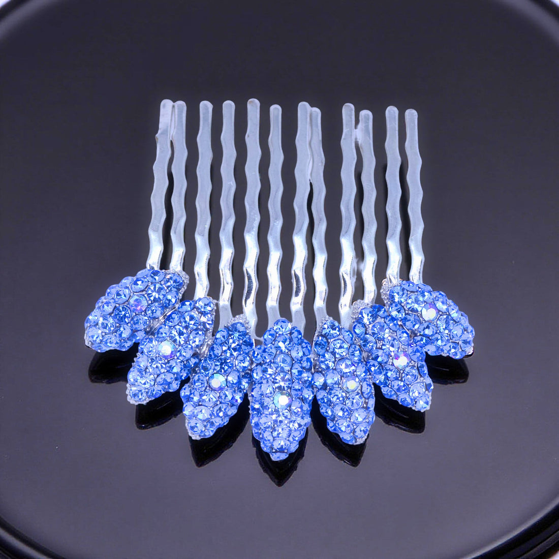 Aquamarine version of Haerime Gleamleaf Crown Comb – light blue leaf crystals on curved silver base