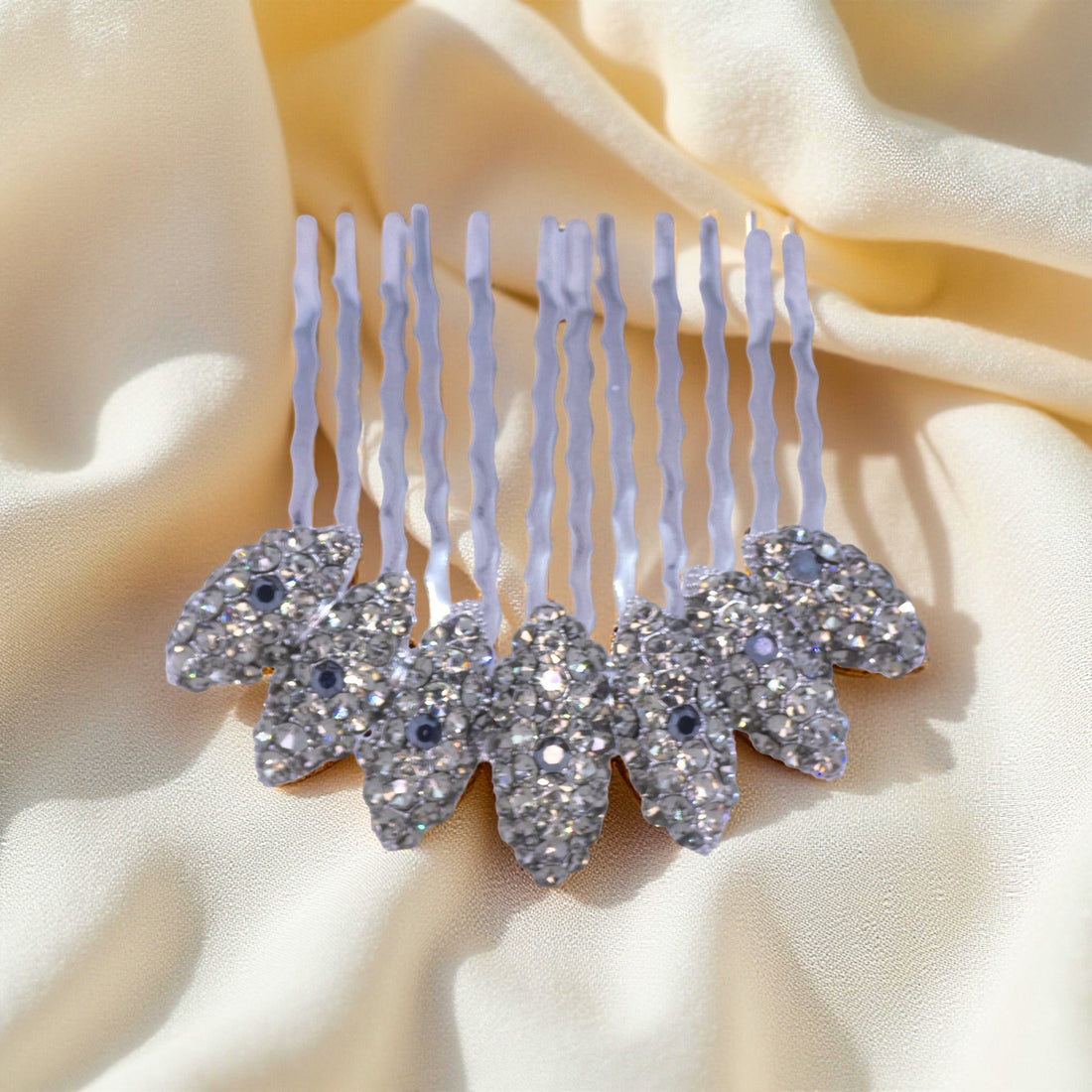 Black version of Haerime Gleamleaf Crown Comb – jet black crystals on curved comb in gothic floral style