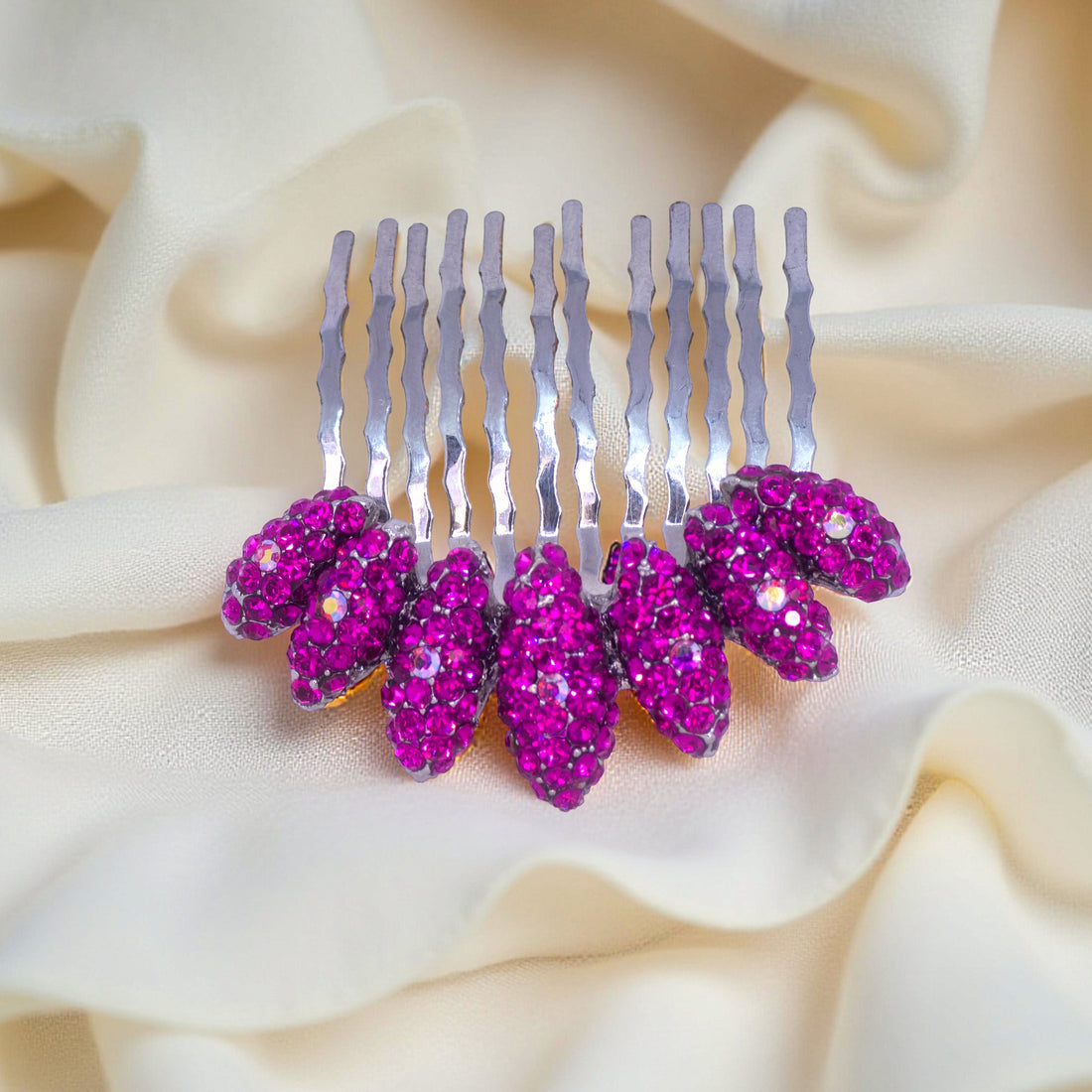 Haerime Gleamleaf Crown Comb in Fuchsia – close-up of vibrant pink leaf crystals and comb curvature