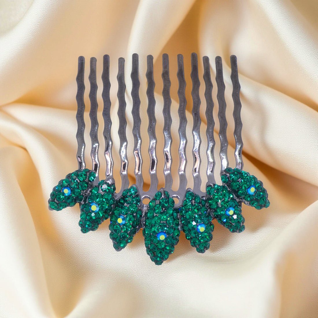 Green version of Haerime Gleamleaf Crown Comb – curved silver comb with faceted leaf-shaped crystals in botanical arc