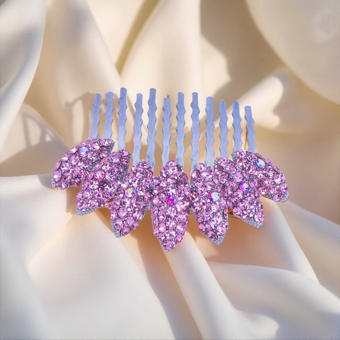 Pink version of Haerime Gleamleaf Crown Comb – light rose crystal leaf motif for bridal and spring looks