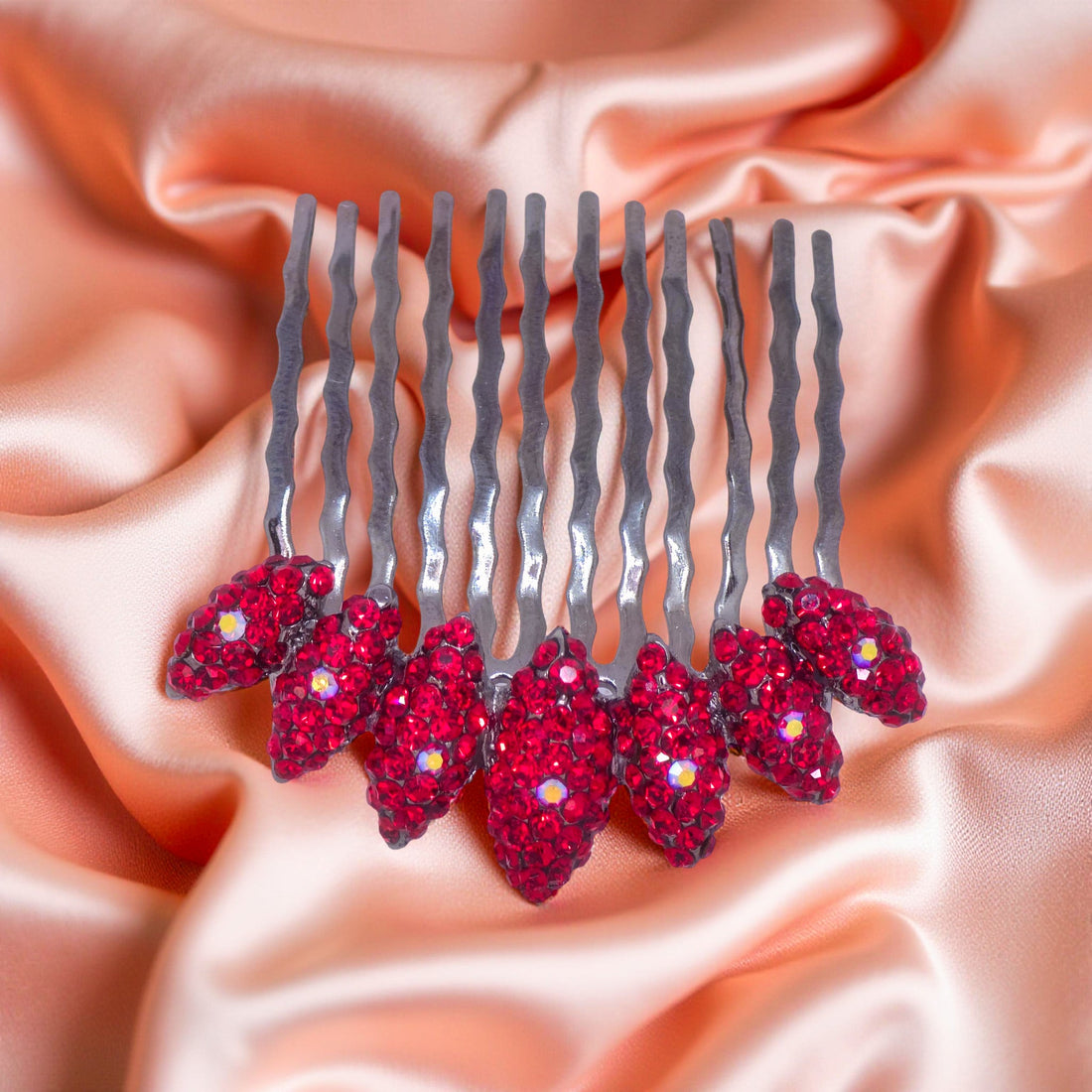 Red version of Haerime Gleamleaf Crown Comb – crimson crystal leaf comb for elegant romantic looks