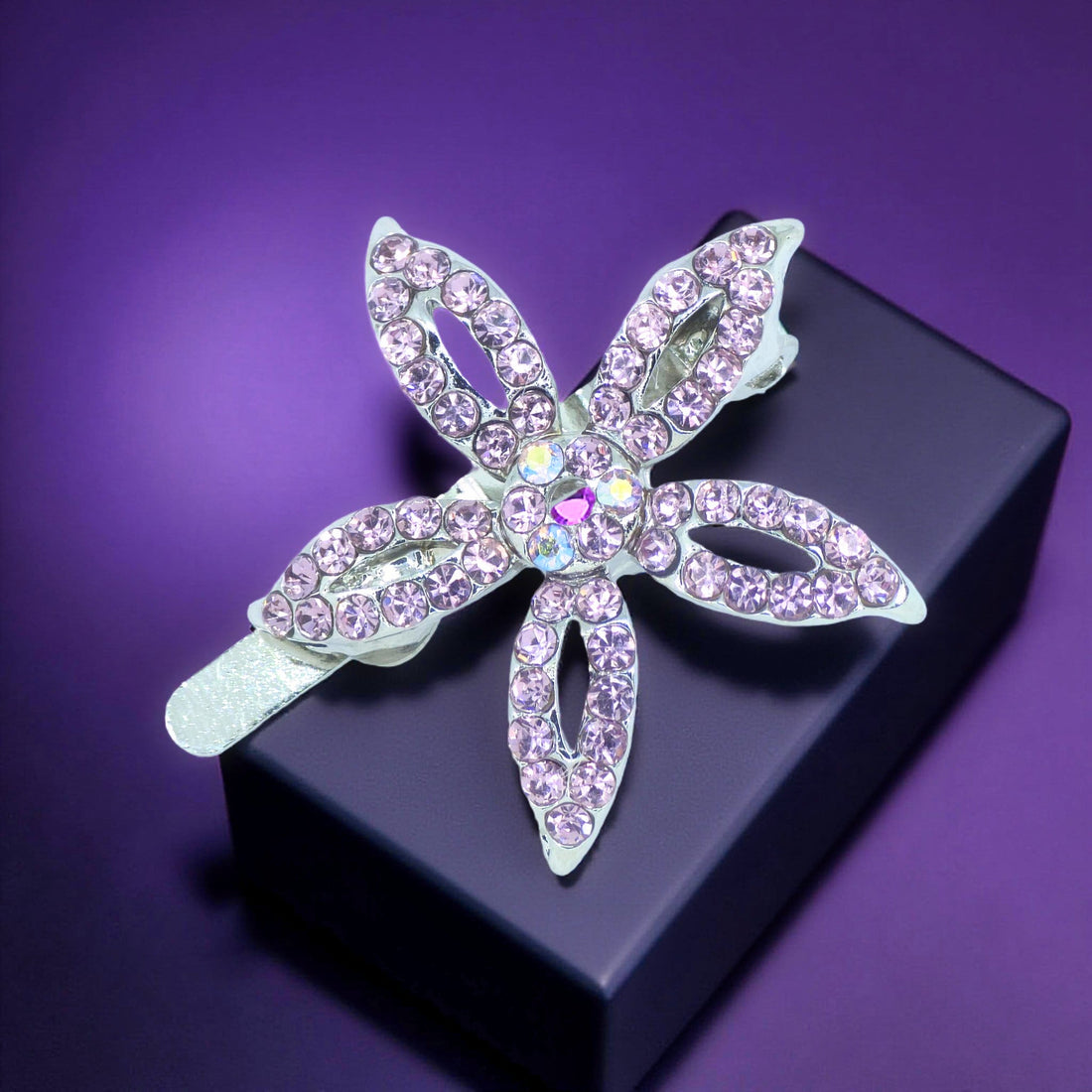 Haerime LilyGleam Clip in Purple – magnetic flower barrette with faceted crystal petals in openwork bloom design