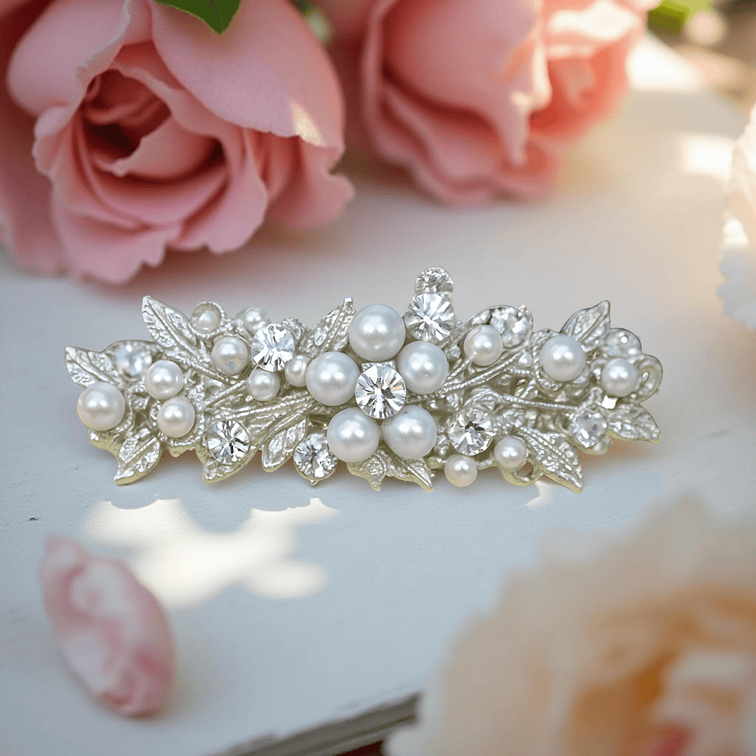 Haerime Lumielle Frost Barrette in Pearl – detailed shot of layered petals and rhinestone sparkle on matte silver base