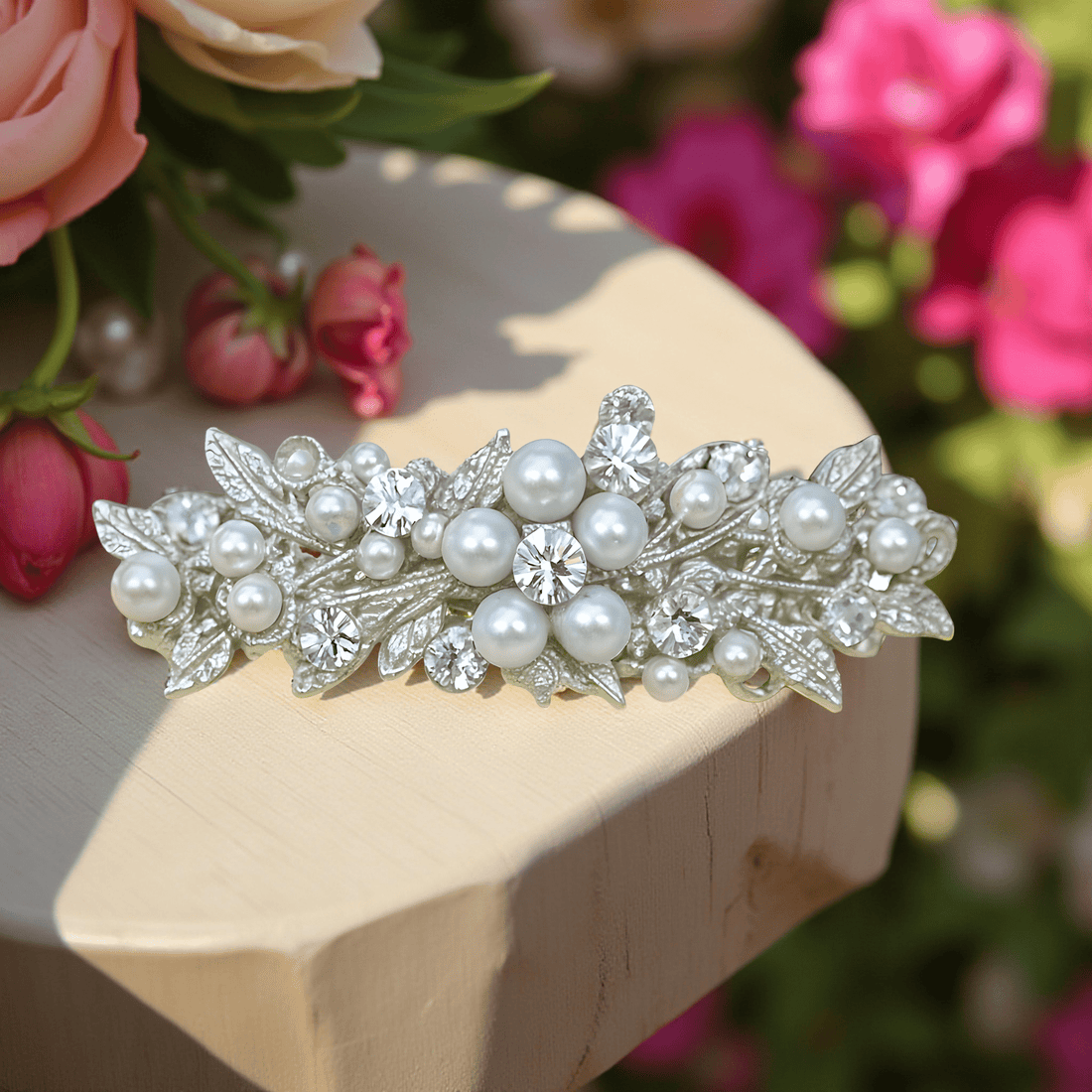 Haerime Lumielle Frost Barrette in Pearl – close-up showing antique silver filigree and high-gloss faux pearl accents