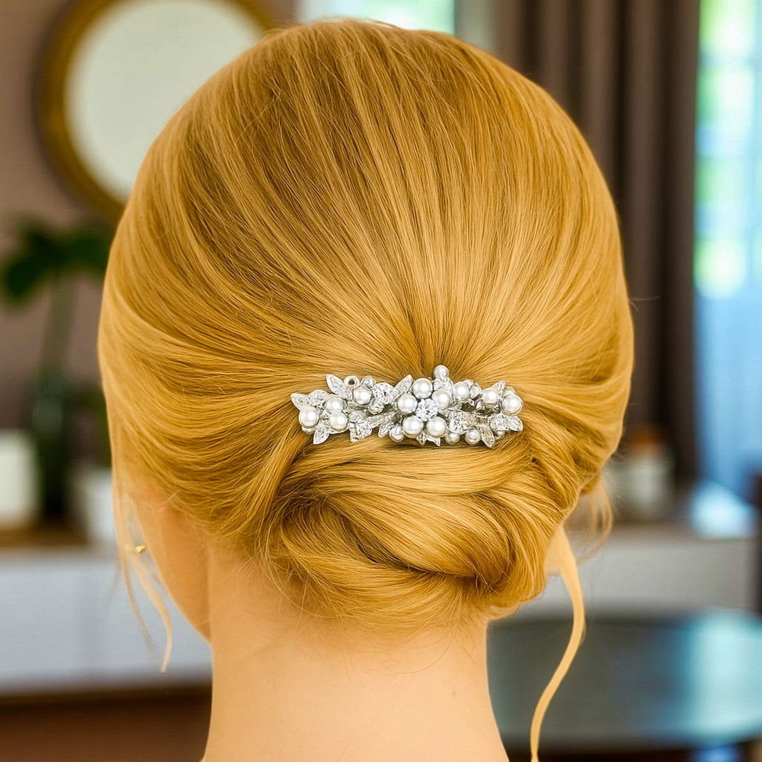 Haerime Lumielle Frost Barrette in Pearl – rear model view showing clip secured in French twist with natural lighting