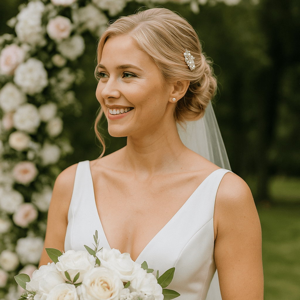 Haerime Lumielle Frost Barrette in Pearl – worn by model in low-twisted updo, highlighting vintage silver finish and clustered pearls