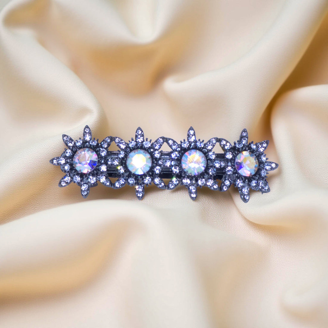 Haerime Luna Halo Barrette in Clear – close-up highlighting Swarovski elements and layered halo design with silver marquise accents