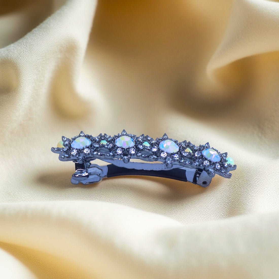 Haerime Luna Halo Barrette in Clear – side profile showing curved clasp structure and high-gloss oxidized base
