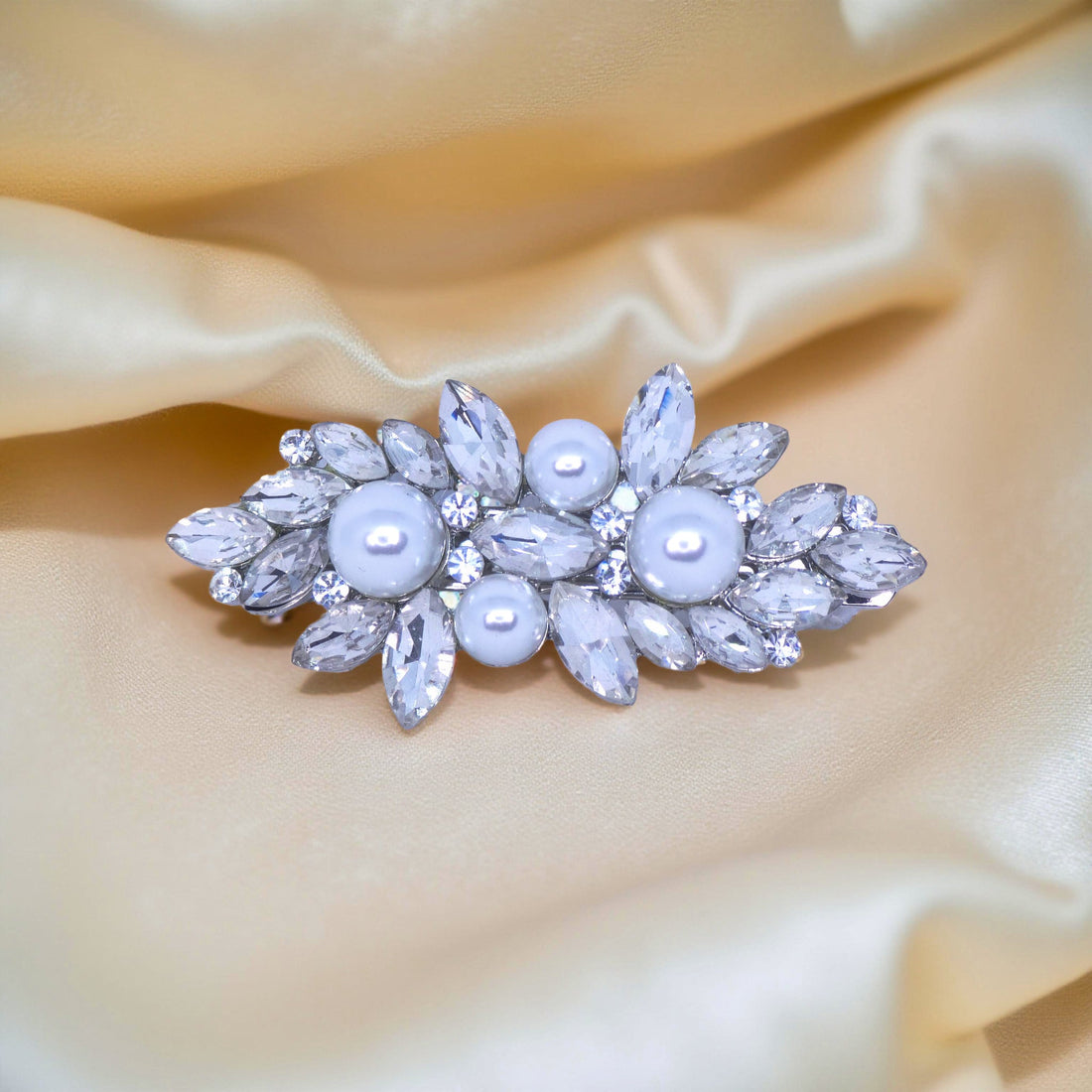 Haerime Lunaria Petite Barrette in Pearl – close-up capturing white pearl bloom and sparkling marquise-cut crystals