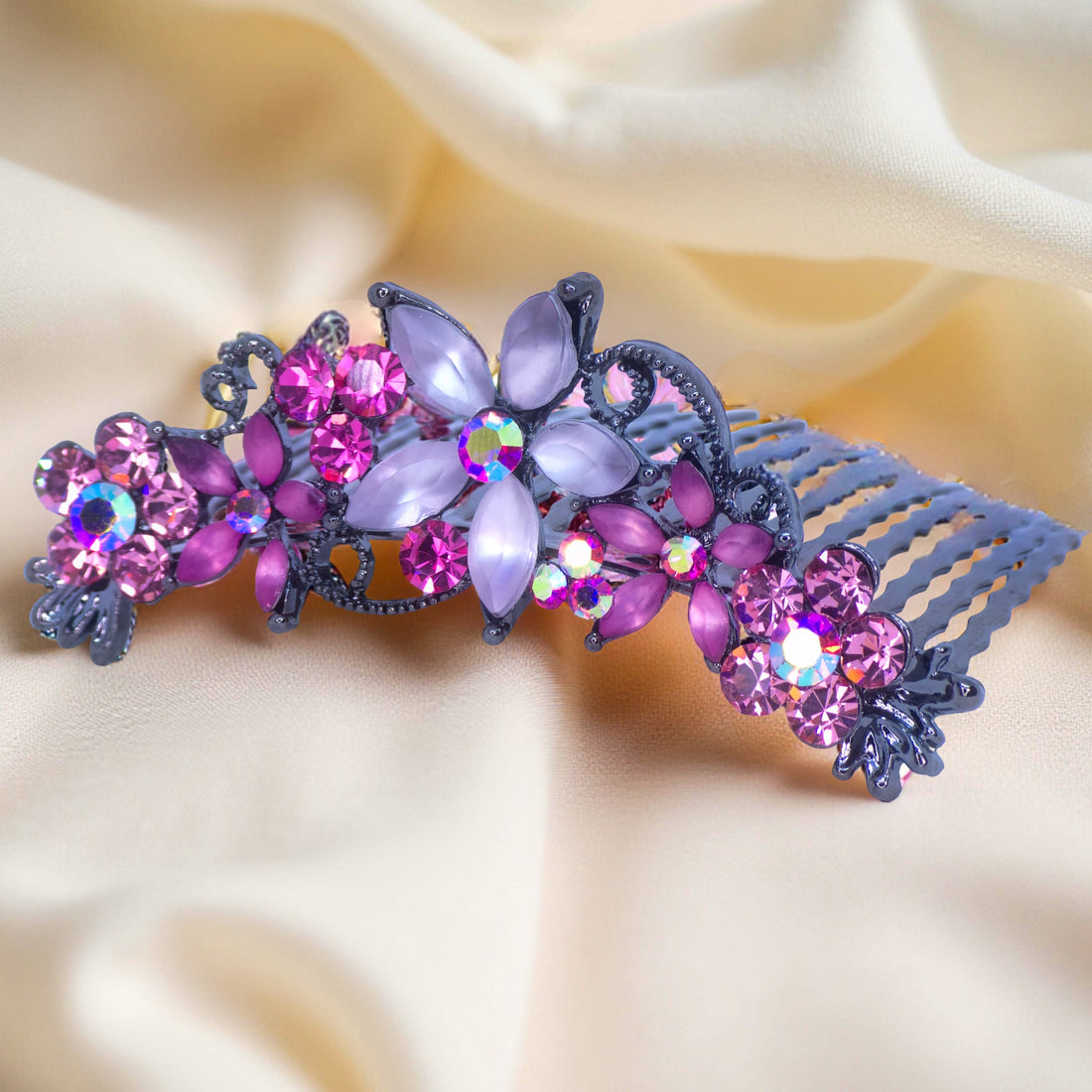 Haerime Lunaria Vine Comb in Fuchsia – top view of bold fuchsia vine comb with radiant crystal petals