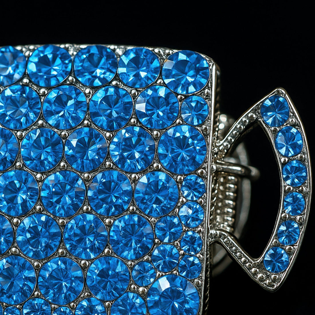 Haerime Lunette Square Claw in Blue – extreme closeup revealing hand-set blue pavé crystals and inner spring mechanism