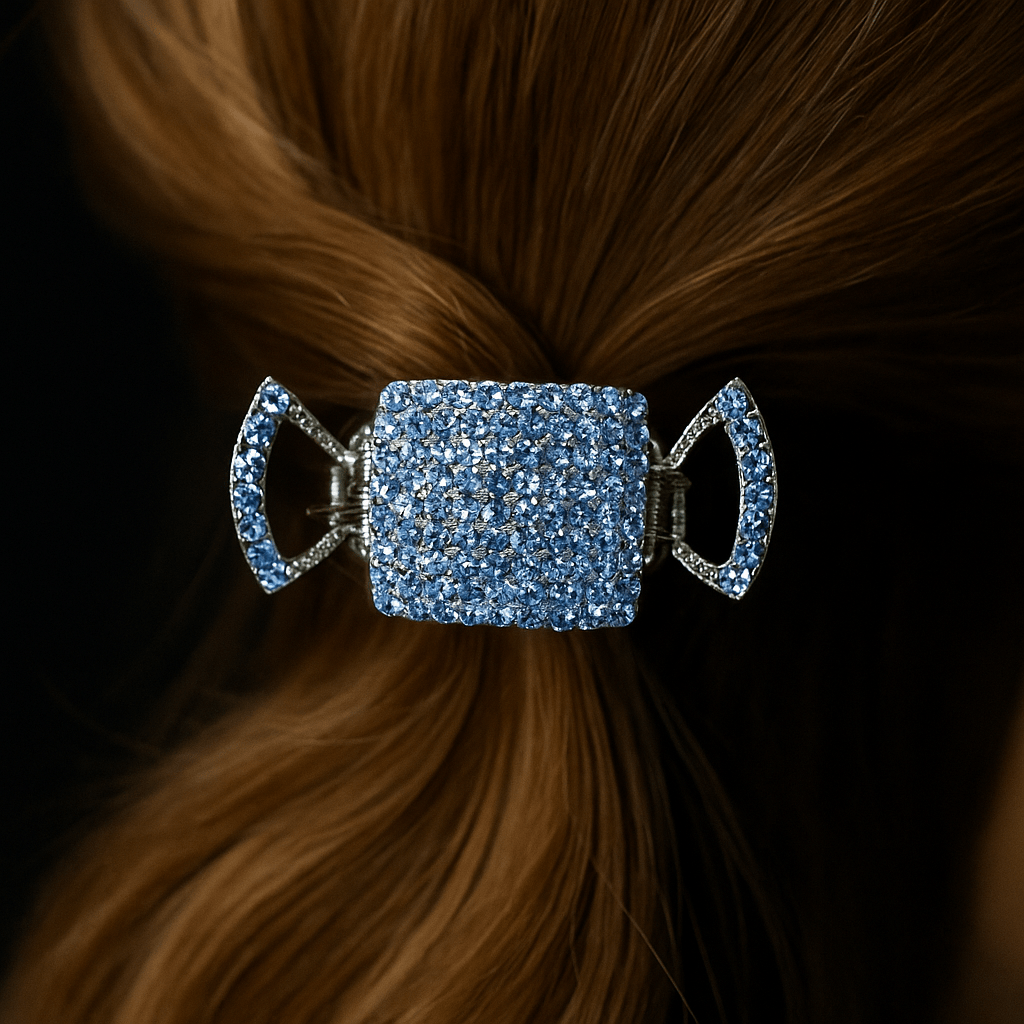 Haerime Lunette Square Claw in Blue – back view of model wearing the clip in low bun, captured in soft daylight with subtle shadows