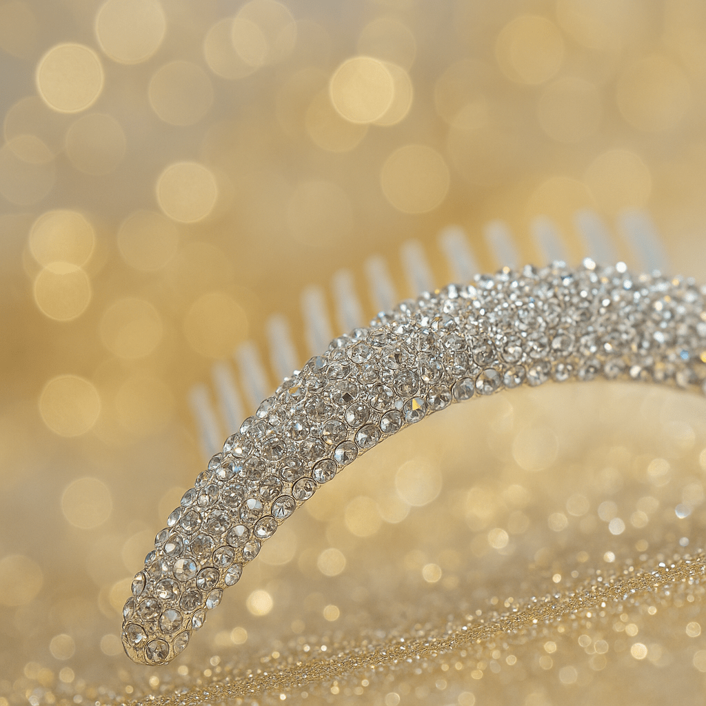 Haerime Lunoria Arch Comb in Amber – close-up of faceted light reflection from golden crystals and curved teeth