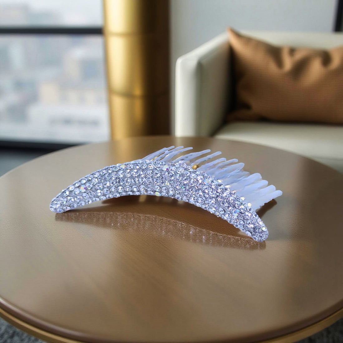 Haerime Lunoria Arch Comb in Clear – top-down view emphasizing icy sparkle and symmetric form on ivory backdrop