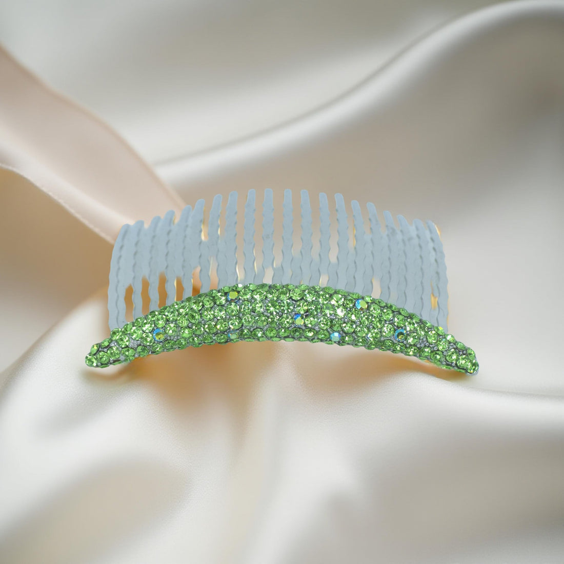 Haerime Lunoria Arch Comb in Peridot – fresh lime-toned arc comb captured in soft indoor light