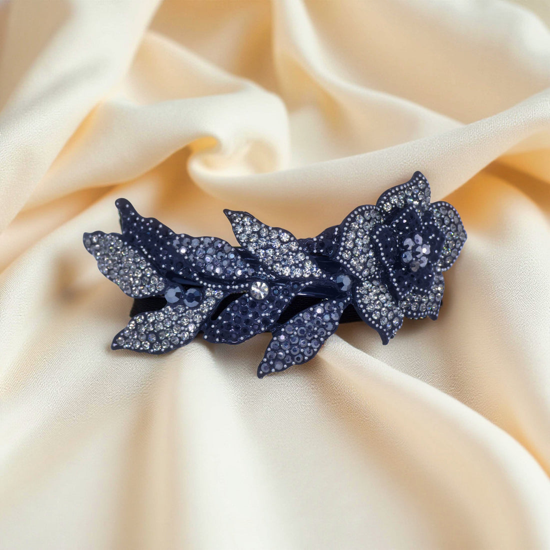 Haerime Midnight Bloom Barrette in Black – close-up showing deep onyx crystals and dramatic bloom curvature