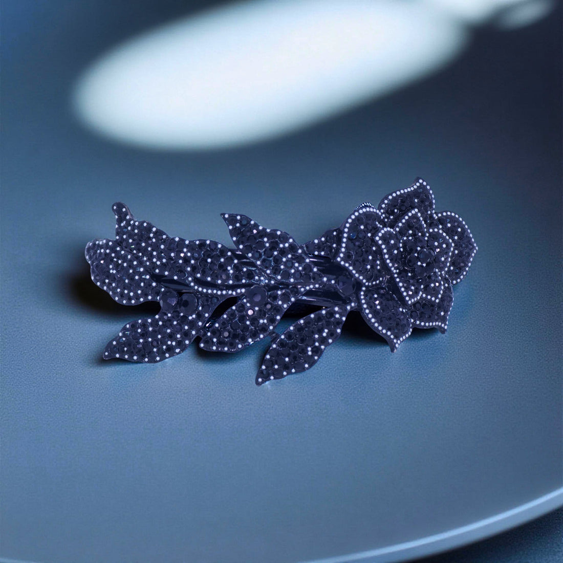 Haerime Midnight Bloom Barrette in Jet Black – crystal cluster pattern captured from top against black background