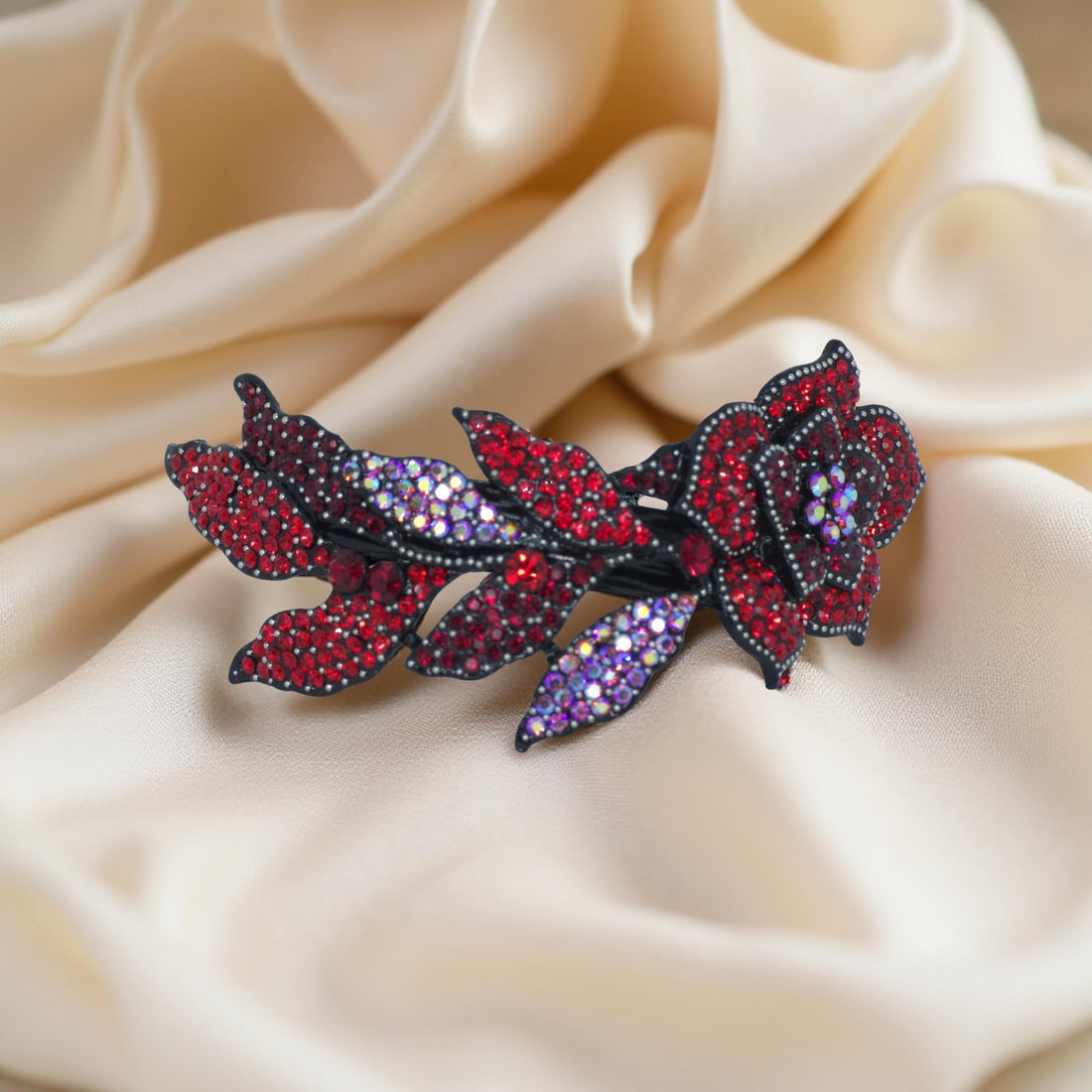 Haerime Midnight Bloom Barrette in Red – ruby crystal arc comb with bold petal structure and leaf curls