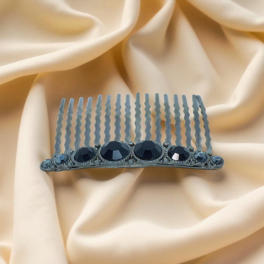 Haerime Ornette Classic Comb in Jet Black – top-down image of sleek black crystal row on matte black antique comb
