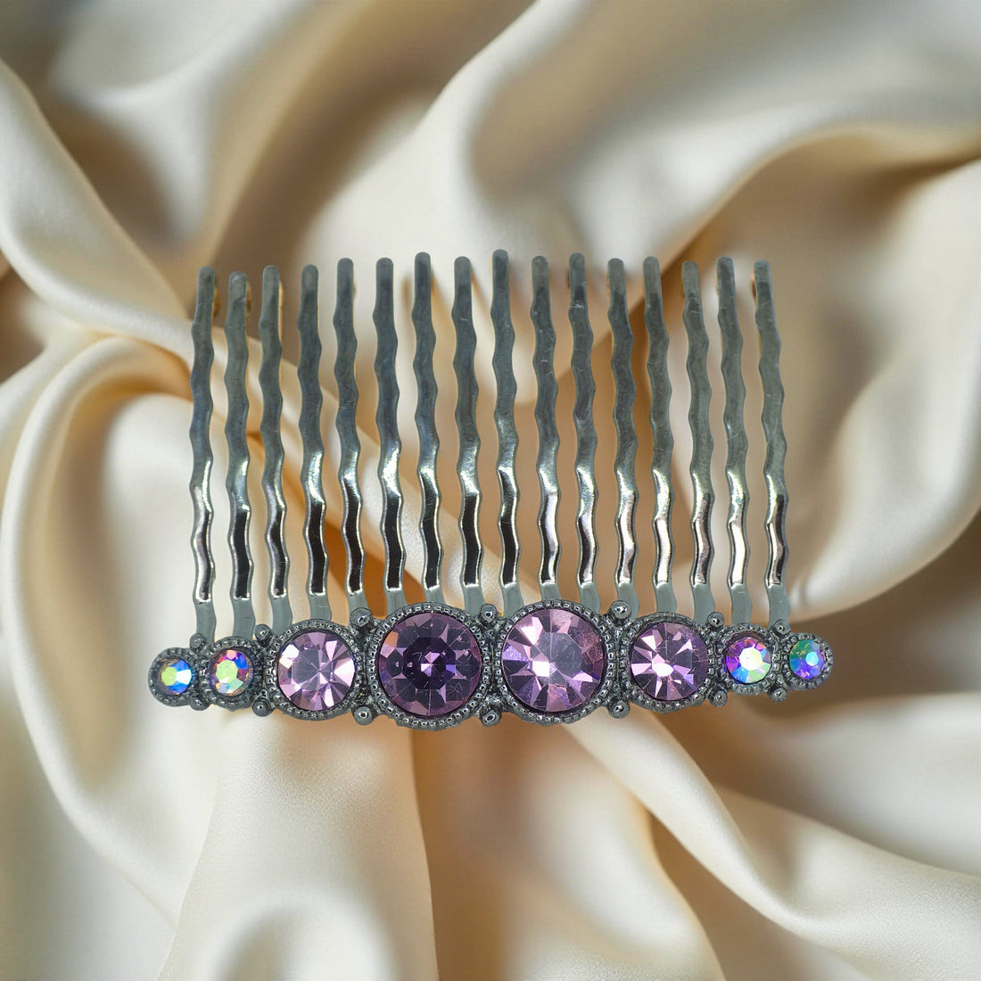 Haerime Ornette Classic Comb in Purple – angled front shot of violet crystal cluster set in vintage-style bezels