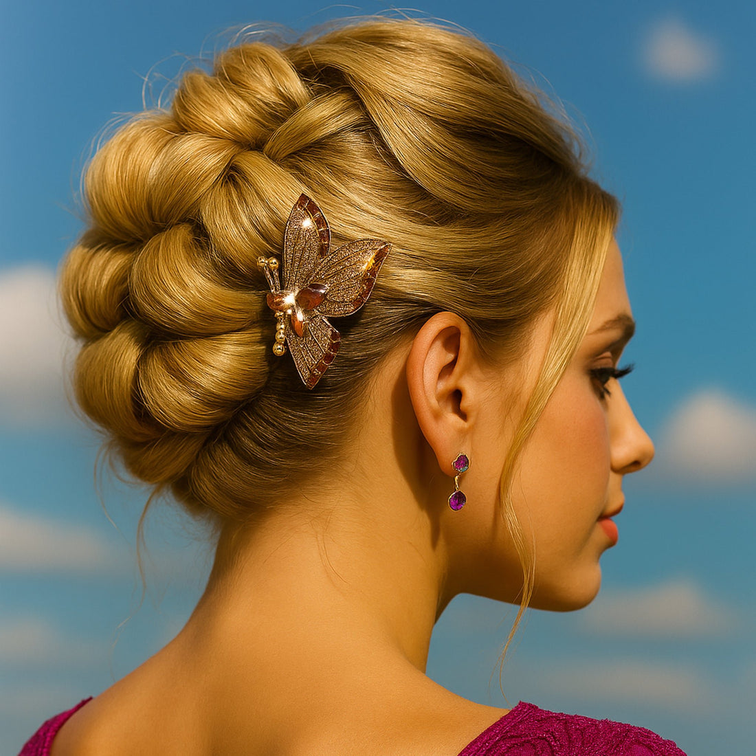 Haerime Papillora Twin Comb Set in Amber – worn on both sides of low bun, glowing under soft warm spotlight