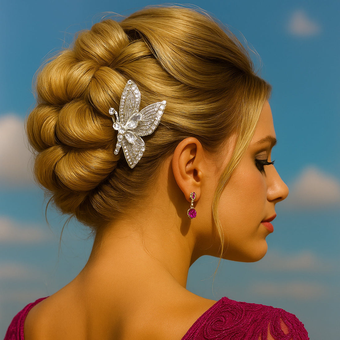 Haerime Papillora Twin Comb Set in Clear – styled into crown braid for bridal look with soft shimmer under natural light