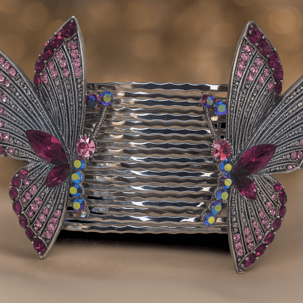 Haerime Papillora Twin Comb Set in Purple – dual combs laid flat on violet satin background with halo gradient effect