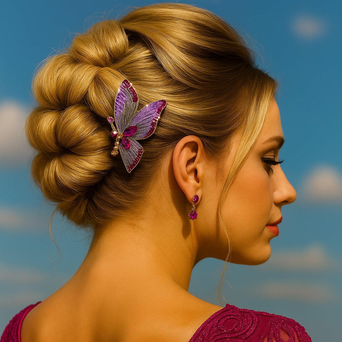 Haerime Papillora Twin Comb Set in Purple – worn symmetrically in bridal twist updo under cool event lighting