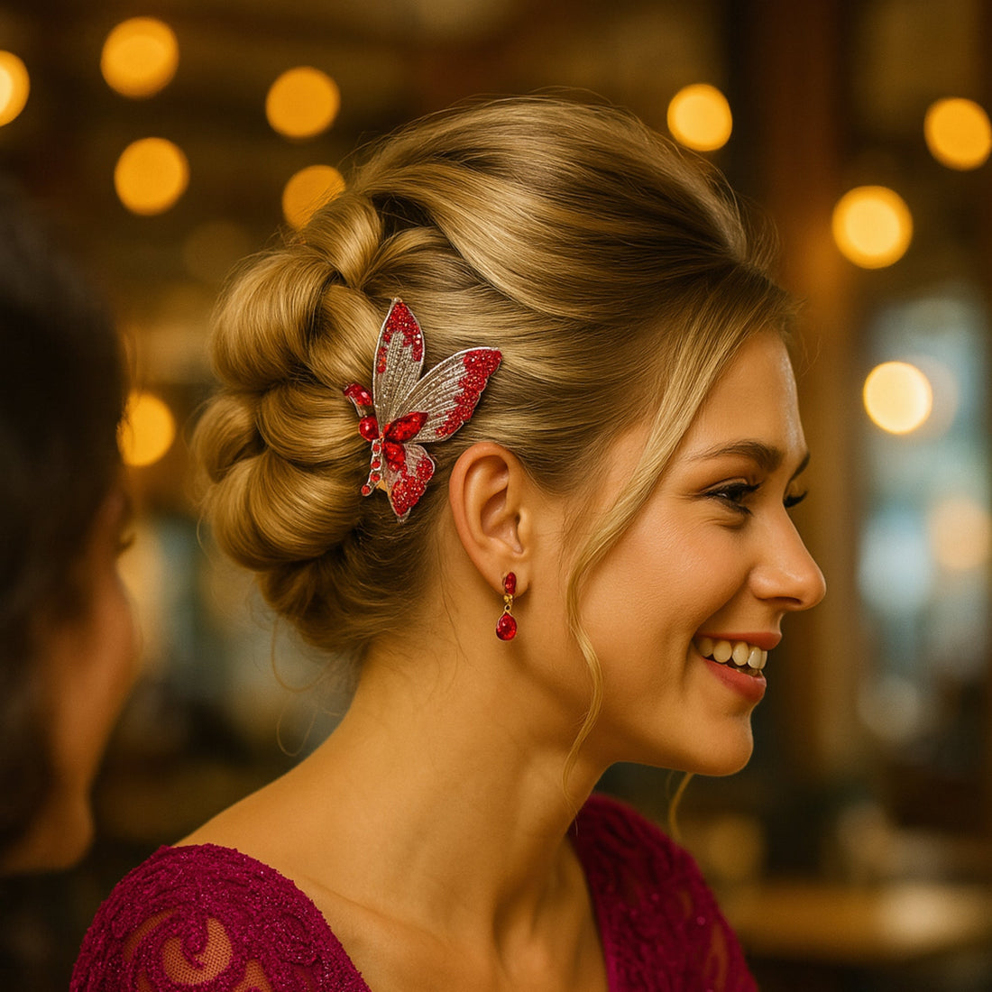 Haerime Papillora Twin Comb Set in Red – flanking braided twist with bold ruby shine under soft camera flash