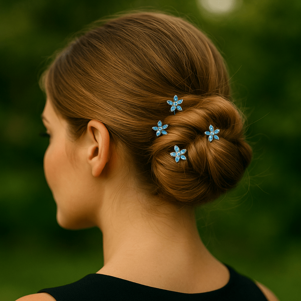 Haerime Petalight Hair Stick in Blue Zircon – styled in high bun with teal petals shining under natural daylight