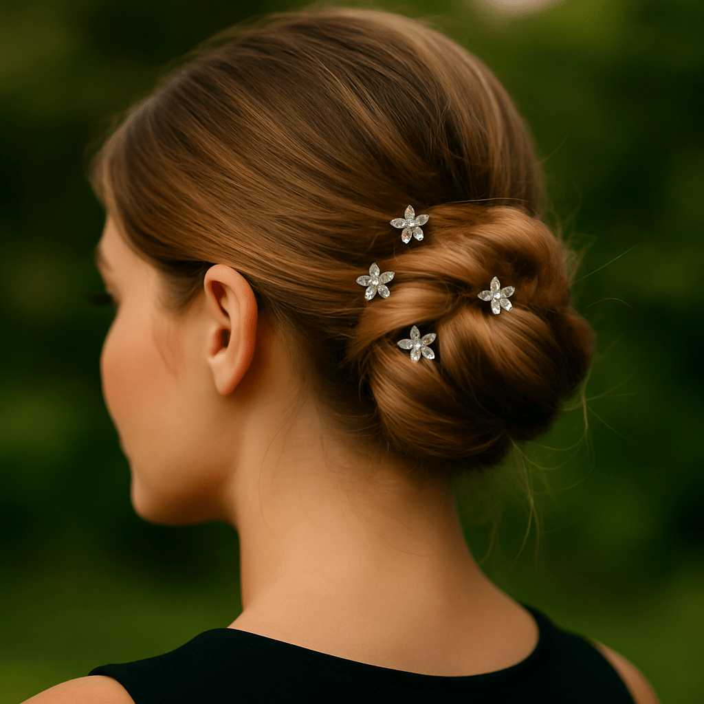 Haerime Petalight Hair Stick in Clear – styled in center knot with icy white flower reflecting soft sunlight