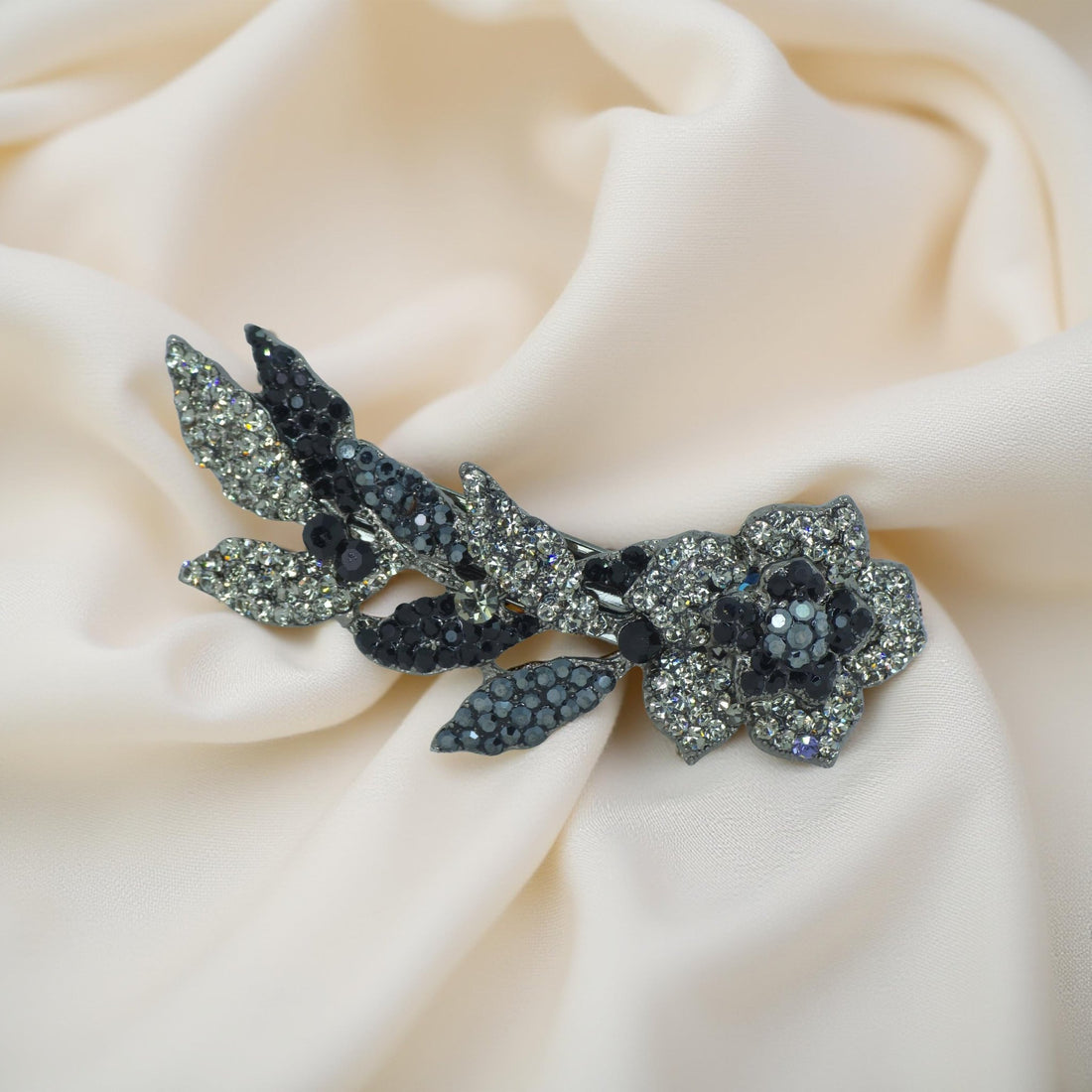 Haerime Twilight Bloom Mini in Black – top view of black marquise and round crystals set on dark silver base