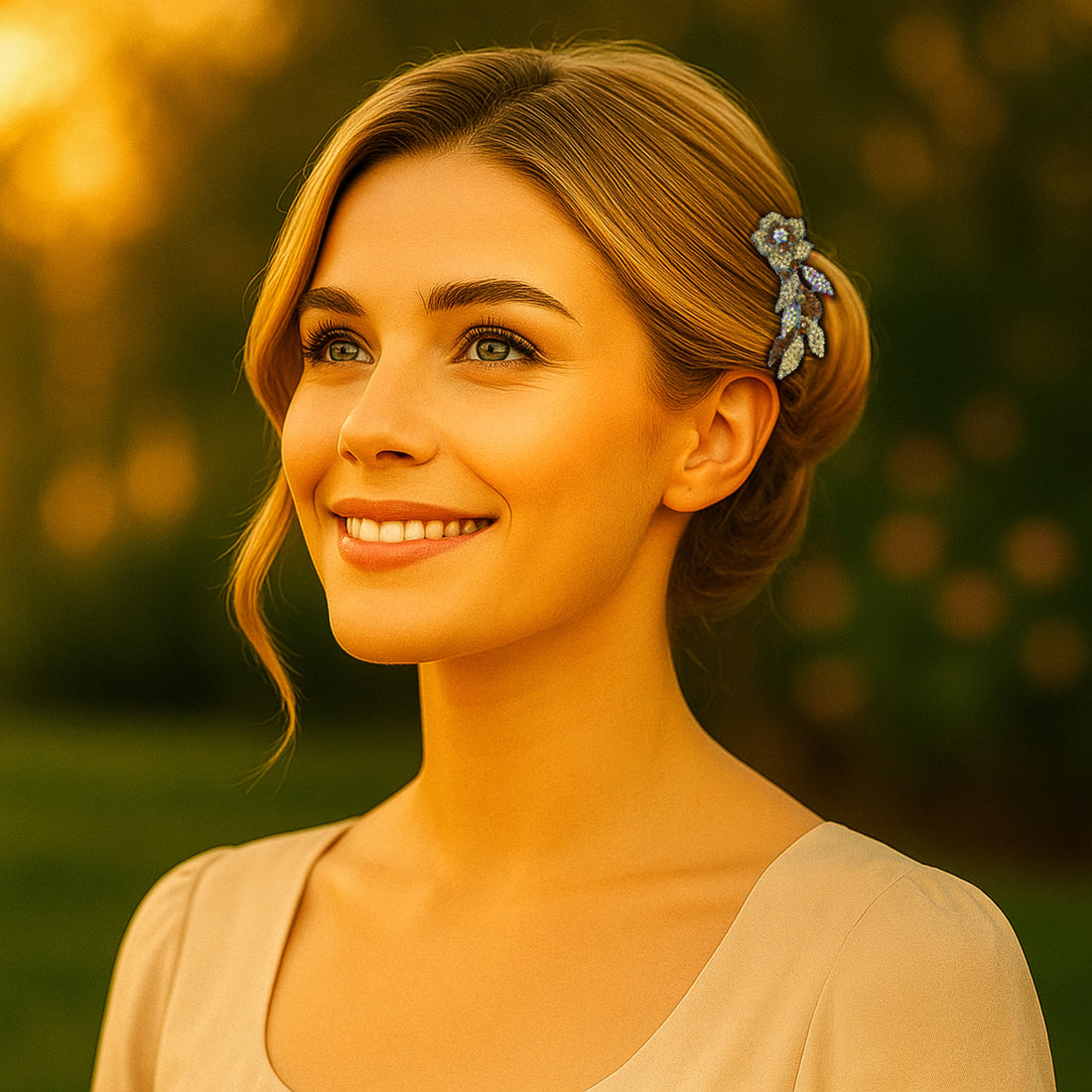 Model with amber crystal floral barrette styled in elegant updo during golden hour