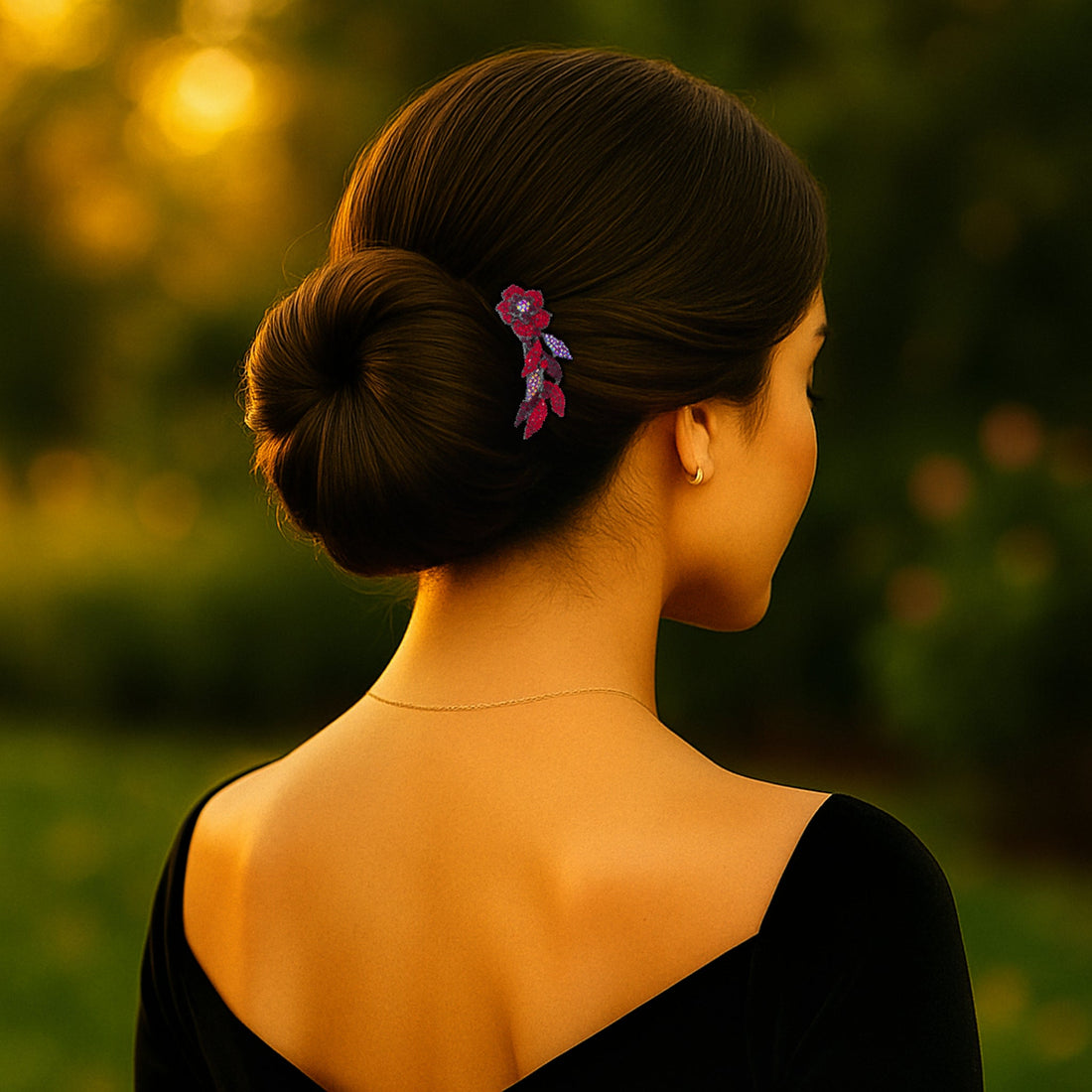 Model with red crystal floral barrette styled in elegant low bun during golden hour