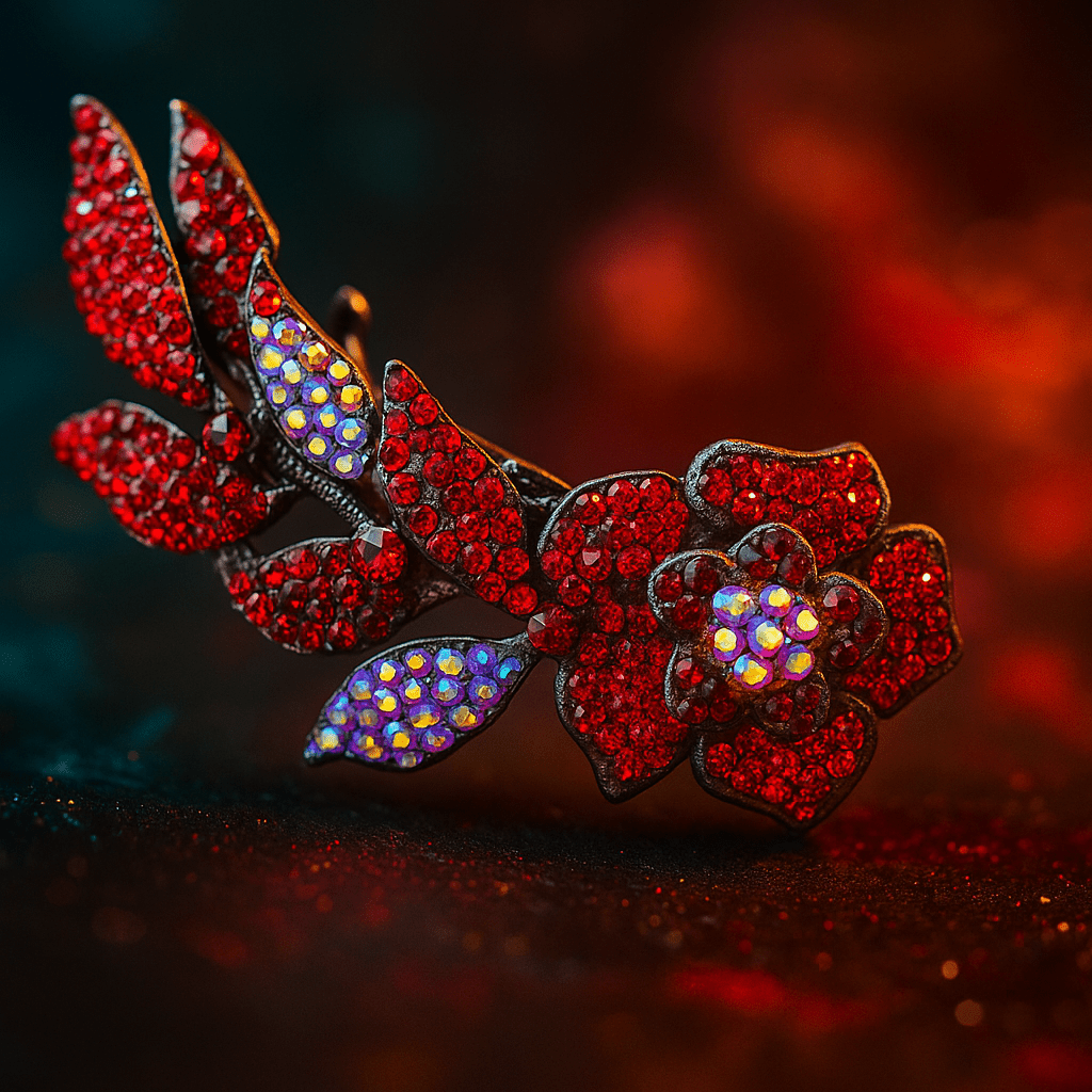 Haerime Twilight Bloom Mini in Red – close-up showing crimson petals and aurora shimmer crystals over soft plush base